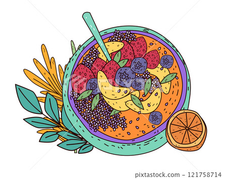 Fruit smoothie bowl colorful healthy food illustration. Vibrant fruits like strawberries bananas blueberries in a bowl with leaves and orange slice. Perfect for banners Fruit smoothie bowl colorful healthy food illustration. Vibrant fruits like strawberries bananas blueberries in a bowl with leaves and orange slice. Perfect for banners 121758714