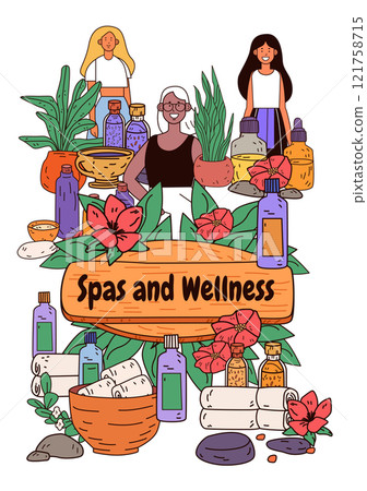 Spa wellness theme with women plants and essential oils vibrant colors floral elements and relaxation items decorative design Spa wellness theme with women plants and essential oils vibrant colors floral elements and relaxation items decorative design 121758715