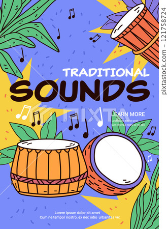 Traditional music drums vibrant colorful design. Hand-drawn percussion instruments with leaves and musical notes on a dynamic blue and yellow background. Poster template 121758724