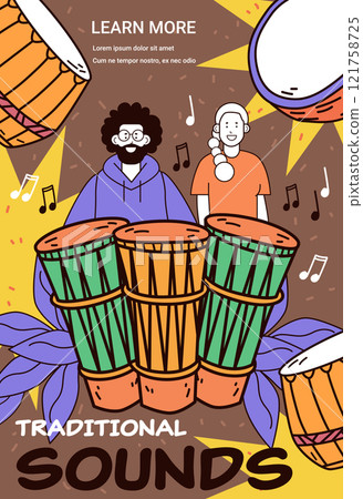 Traditional music celebration with drums and people vibrant colors musical notes dynamic layout website banner 121758725