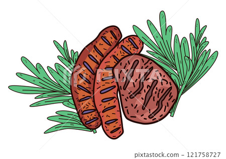 Grilled meat and sausages with herbs. Barbecue theme with steak and sausages surrounded by green leaves. Hand-drawn style. Perfect for food-related design 121758727