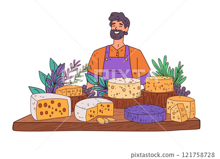 Cheese vendor with assorted cheeses and herbs. Smiling man in apron behind cheese selection with leafy greens and grapes on wooden board. Market theme 121758728