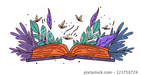 Open book with flying leaves and butterflies surrounded by colorful foliage in a whimsical nature scene. Ideal for educational themes Open book with flying leaves and butterflies surrounded by colorful foliage in a whimsical nature scene. Ideal for educational themes 121758729