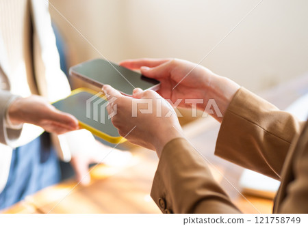 A scene where something is exchanged digitally A scene where something is exchanged digitally 121758749