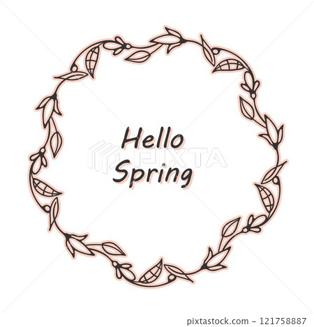 Floral symbol frame. Spring, summer wreath border. One black line. Cute doodle hand drawn sketch cartoon style illustration. Branch leaves flower drawing. White background. Vector for web design card 121758887