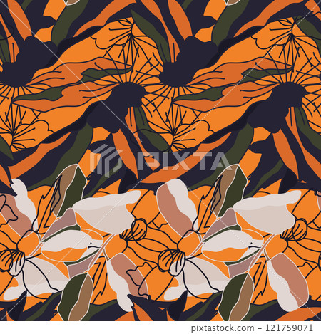 Botanical seamless pattern with stylized flowers. Trendy flat design. Vector illustration. 121759071