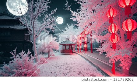 Winter Night Scene with Asian Architecture and Lanterns 121759202