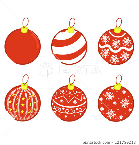 Christmas balls red vector set design. Christmas red and silver ball ornament with elegant shiny and glitter pattern for xmas round shape elements collection. Vector illustration flat 121759218