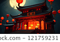 Illuminated Chinese Temple with Red Lanterns 121759231