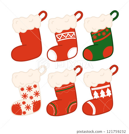 Christmas stockings vector set isolated from background. Various traditional colorful and ornate holiday stockings or socks collection. Cartoon New Year design illustrations. Christmas stockings vector set isolated from background. Various traditional colorful and ornate holiday stockings or socks collection. Cartoon New Year design illustrations. 121759232