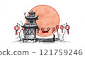 Ink Drawing of Pagoda with Lanterns and Moon 121759246