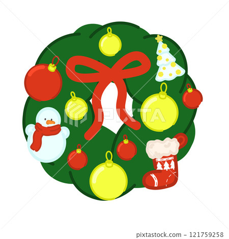 Christmas wreath with bow and garland. Flat vector illustration. 121759258