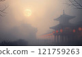 Foggy Night with Pagoda and Full Moon 121759263