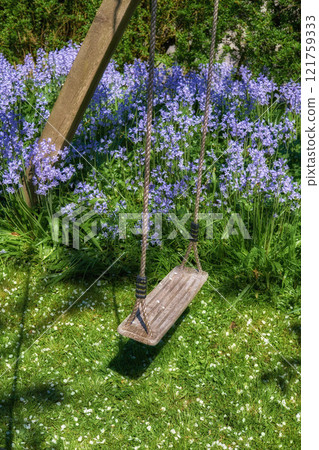 A space to play in a backyard for active children wanting to have fun and play. Empty swing in a lush garden with green grass and perennial purple cranesbill blossoms growing and thriving outside. A space to play in a backyard for active children wanting to have fun and play. Empty swing in a lush garden with green grass and perennial purple cranesbill blossoms growing and thriving outside. 121759333