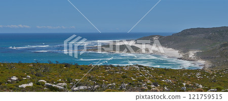 Copyspace at sea with a clear blue sky background and calm coast in Western Cape, South Africa. Ocean waves crash onto the shore at a beach. A peaceful scenic landscape for a relaxing summer holiday Copyspace at sea with a clear blue sky background and calm coast in Western Cape, South Africa. Ocean waves crash onto the shore at a beach. A peaceful scenic landscape for a relaxing summer holiday 121759515