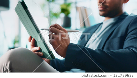 Businessman, tablet and hands in office for email, economy update and website for research. Trader, tech and relax in workplace with schedule app, finance management and information report in agency Businessman, tablet and hands in office for email, economy update and website for research. Trader, tech and relax in workplace with schedule app, finance management and information report in agency 121759652