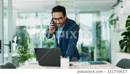 Man, phone call and laptop in office for business, planning and consultation for financial advice. Broker, computer and contact in agency with budget review, investment pitch or research economy news 121759657