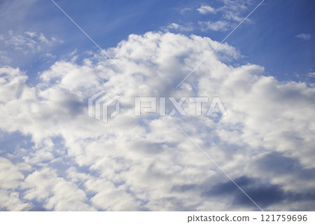 Light clouds in a beautiful blue sky with copy space background. A beautiful clear summer sky with sunshine and a white soft textured cloudscape in nature. Calming skies clearing up on a sunny day 121759696