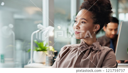Office, thinking and woman with ideas for article, research and insight for journalism magazine. Face, female journalist and writer daydreaming in workplace for inspiration, blog post and news story Office, thinking and woman with ideas for article, research and insight for journalism magazine. Face, female journalist and writer daydreaming in workplace for inspiration, blog post and news story 121759737
