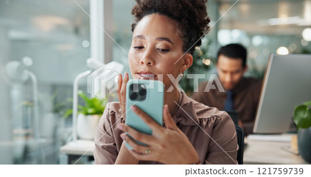 Lipstick, phone and mirror with business woman in office for makeup check, selfie camera and cosmetics. Beauty, self care and mobile reflection with employee in agency for lip balm application 121759739