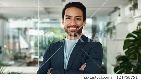 Portrait, arms crossed and smile with business man in office for advocate, confidence and attorney clerk. Professional, legal counsel and opportunity with male employee in law firm of Indonesia Portrait, arms crossed and smile with business man in office for advocate, confidence and attorney clerk. Professional, legal counsel and opportunity with male employee in law firm of Indonesia 121759751