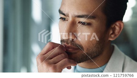 Asian, businessman or thinking with decision in doubt for solution, ideas or corporate improvement at office. Man, thoughtful employee or financial accountant with wonder for new business opportunity 121759766