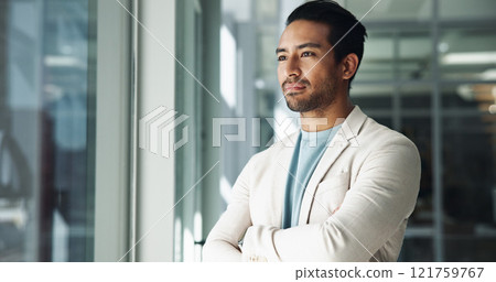 Office, thinking or Asian man with ideas, arms crossed and future plan for creative problem solving. Window, serious or proud business advisor daydreaming of profit growth, inspiration or opportunity 121759767