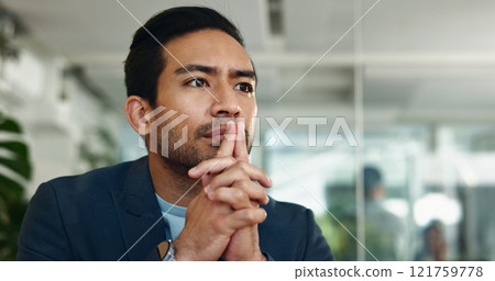 Office, thinking or Asian man with ideas, worry and company crisis for creative problem solving. Doubt, nervous or face of serious business advisor with fear of risk, corporate mission or solution Office, thinking or Asian man with ideas, worry and company crisis for creative problem solving. Doubt, nervous or face of serious business advisor with fear of risk, corporate mission or solution 121759778