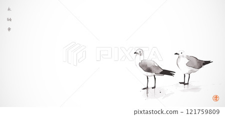 Minimalist ink painting with two seagulls. Traditional oriental ink painting sumi-e, u-sin, go-hua. Hieroglyph - clarity. Minimalist ink painting with two seagulls. Traditional oriental ink painting sumi-e, u-sin, go-hua. Hieroglyph - clarity. 121759809