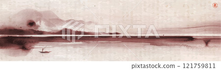 Ink wash painting of panorama with a lone fisherman on calm waters and distant mountains. Traditional oriental ink painting sumi-e, u-sin, go-hua on vintage background. Hieroglyph - life energy 121759811