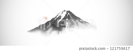Ink painting of mount Fuji with mist. Traditional Japanese ink wash painting sumi-e. Translation of hieroglyph - zen Ink painting of mount Fuji with mist. Traditional Japanese ink wash painting sumi-e. Translation of hieroglyph - zen 121759817