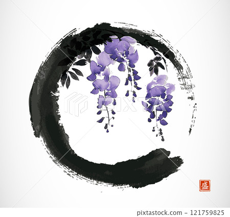Ink painting of blooming wisteria. Traditional oriental ink painting sumi-e, u-sin, go-hua in black enso zen circle. Translation of hieroglyph - bloom 121759825