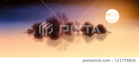 Dreamy landscape with misty forest island and sunrise backround with sun and morning stars. Traditional oriental ink painting sumi-e, u-sin, go-hua Dreamy landscape with misty forest island and sunrise backround with sun and morning stars. Traditional oriental ink painting sumi-e, u-sin, go-hua 121759826