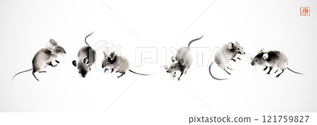 Ink wash painting of mice. Traditional oriental ink painting sumi-e, u-sin, go-hua. Translation of hieroglyph - joy 121759827
