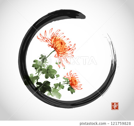 Ink wash painting with chrysanthemum in black enso zen circle. Traditional oriental ink painting sumi-e, u-sin, go-hua on white background. Translation of hieroglyph - happiness 121759828
