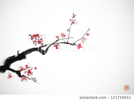 Ink painting of a cherry blossom branch with delicate flowers. Traditional oriental ink painting sumi-e, u-sin, go-hua. Hieroglyph - joy 121759832