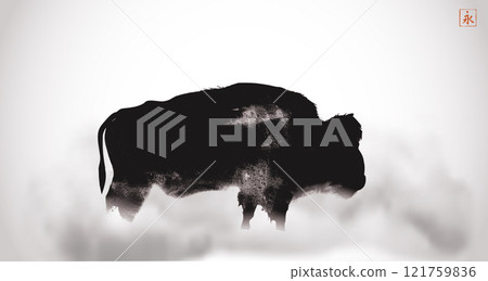 Ink painting of a buffalo in mist. Traditional oriental ink painting sumi-e, u-sin, go-hua. Hieroglyph - eternity 121759836