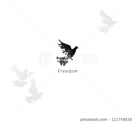 Minimalist design with a single black sumi-e style bird on white 121759838