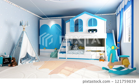 Charming Blue-Themed Boys' Bedroom Interior with Cozy Decor and Playful Details, 3D Rendering 121759839