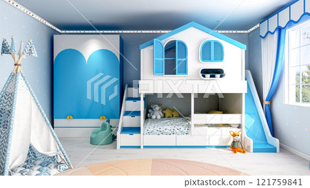 Charming Blue-Themed Boys' Bedroom Interior with Cozy Decor and Playful Details, 3D Rendering 121759841