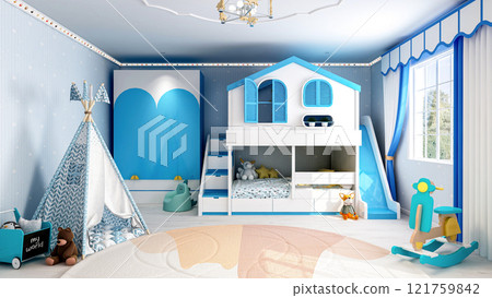 Charming Blue-Themed Boys' Bedroom Interior with Cozy Decor and Playful Details, 3D Rendering 121759842