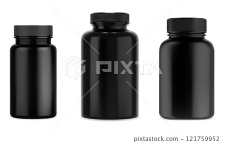 Black plastic pill jar vector mockup. Supplement product 121759952