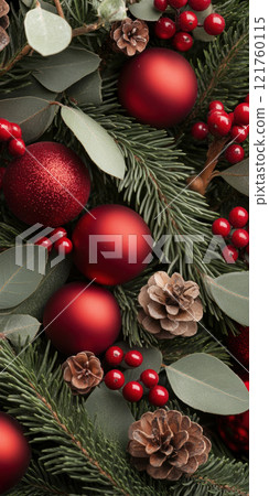 Festive holiday background with red baubles, pine branches, and berries, AI Generative Festive holiday background with red baubles, pine branches, and berries, AI Generative 121760115