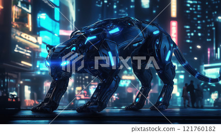 Futuristic robotic panther stalking through neon lit cityscape, AI Generative 121760182
