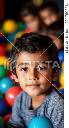 Young child playing in a colorful ball pit at a play center party, AI Generative Young child playing in a colorful ball pit at a play center party, AI Generative 121760298