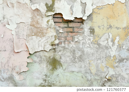 Weathered peeling paint on brick wall exposing rustic texture and decay, AI Generative Weathered peeling paint on brick wall exposing rustic texture and decay, AI Generative 121760377