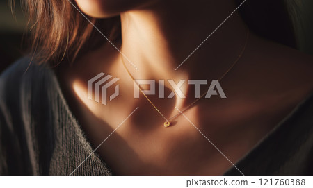 Elegant minimalist gold necklace on woman's collarbone in soft natural light, AI Generative 121760388
