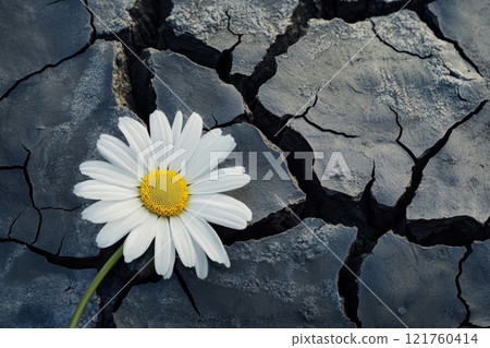 Daisy on cracked earth symbolizing resilience and hope in harsh conditions, AI Generative 121760414
