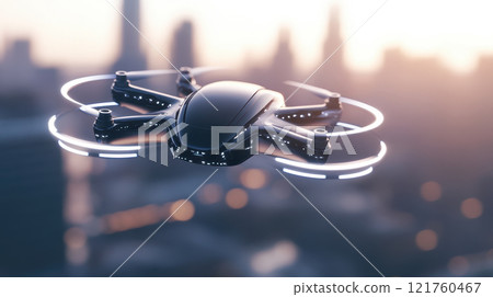 Futuristic drone flying over a cityscape with a glowing skyline at sunset, AI Generative 121760467