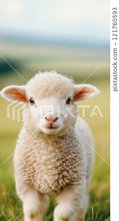 Adorable lamb in a lush green meadow with soft fluffy wool and curious expression, AI Generative Adorable lamb in a lush green meadow with soft fluffy wool and curious expression, AI Generative 121760593